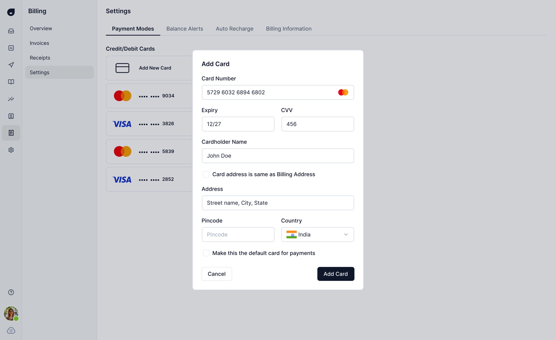 Add card dialog over the payment modes list