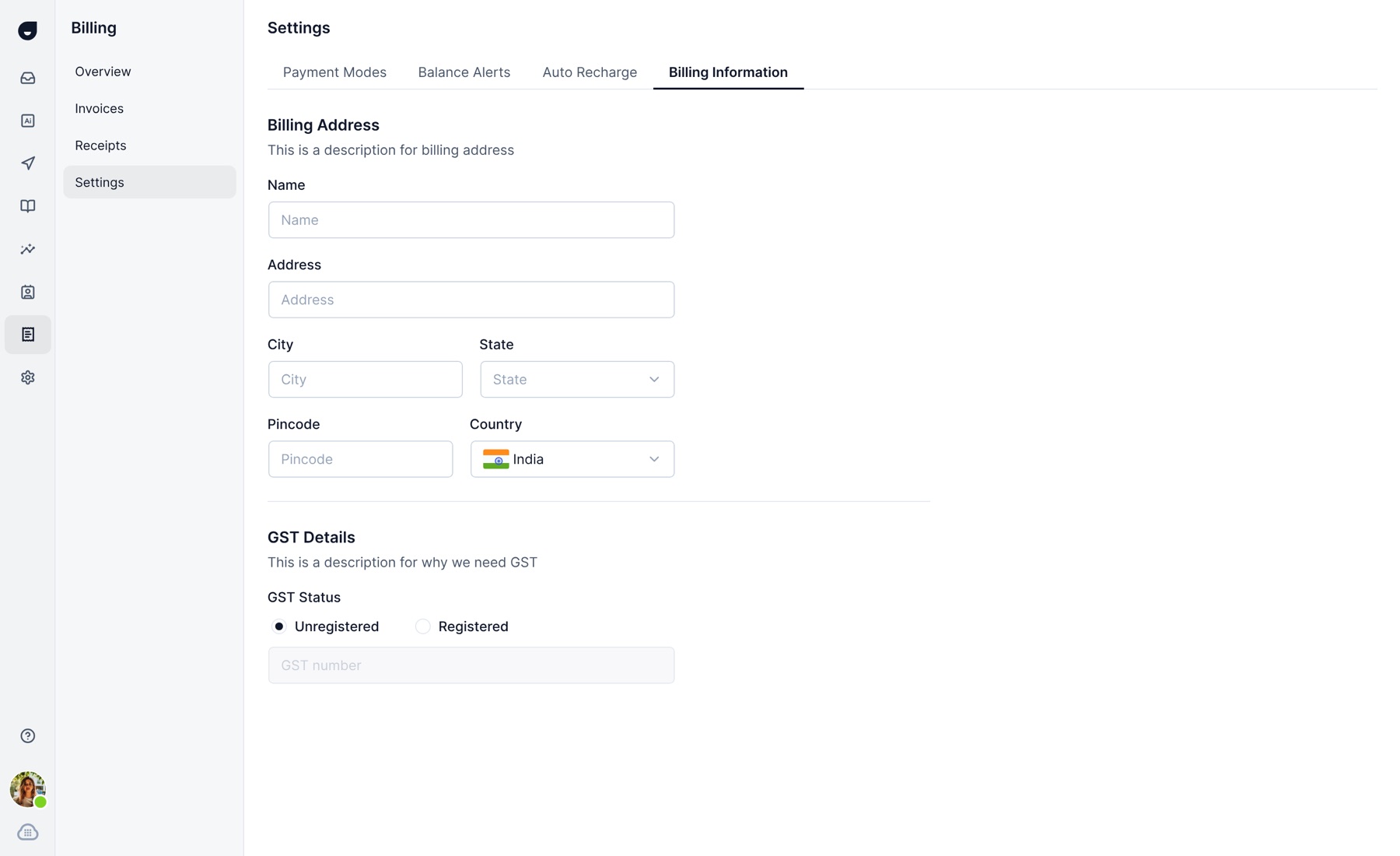 Billing information with GST details