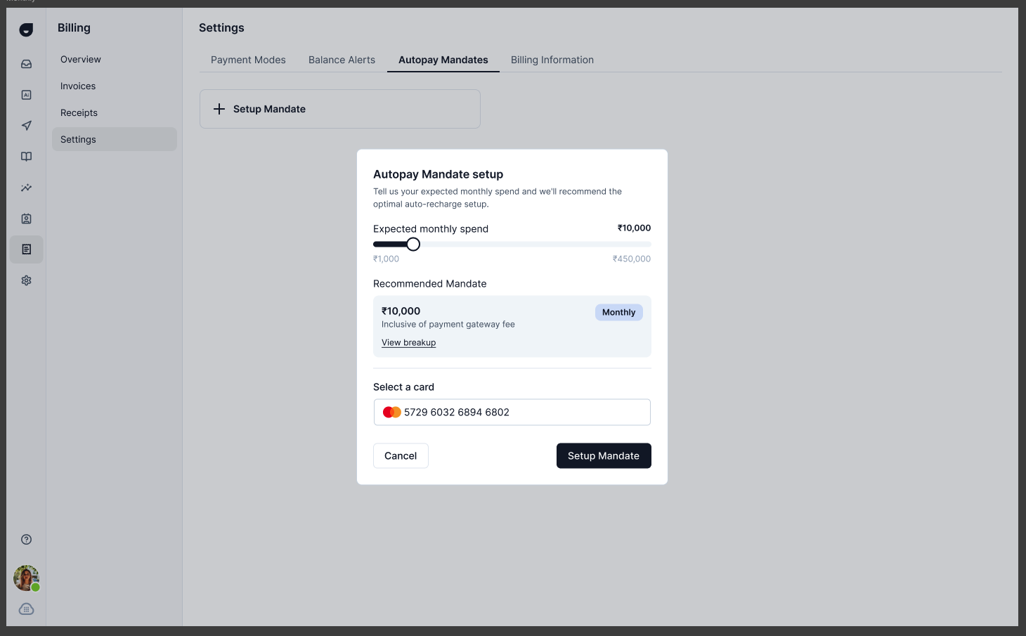 Mandate setup screen