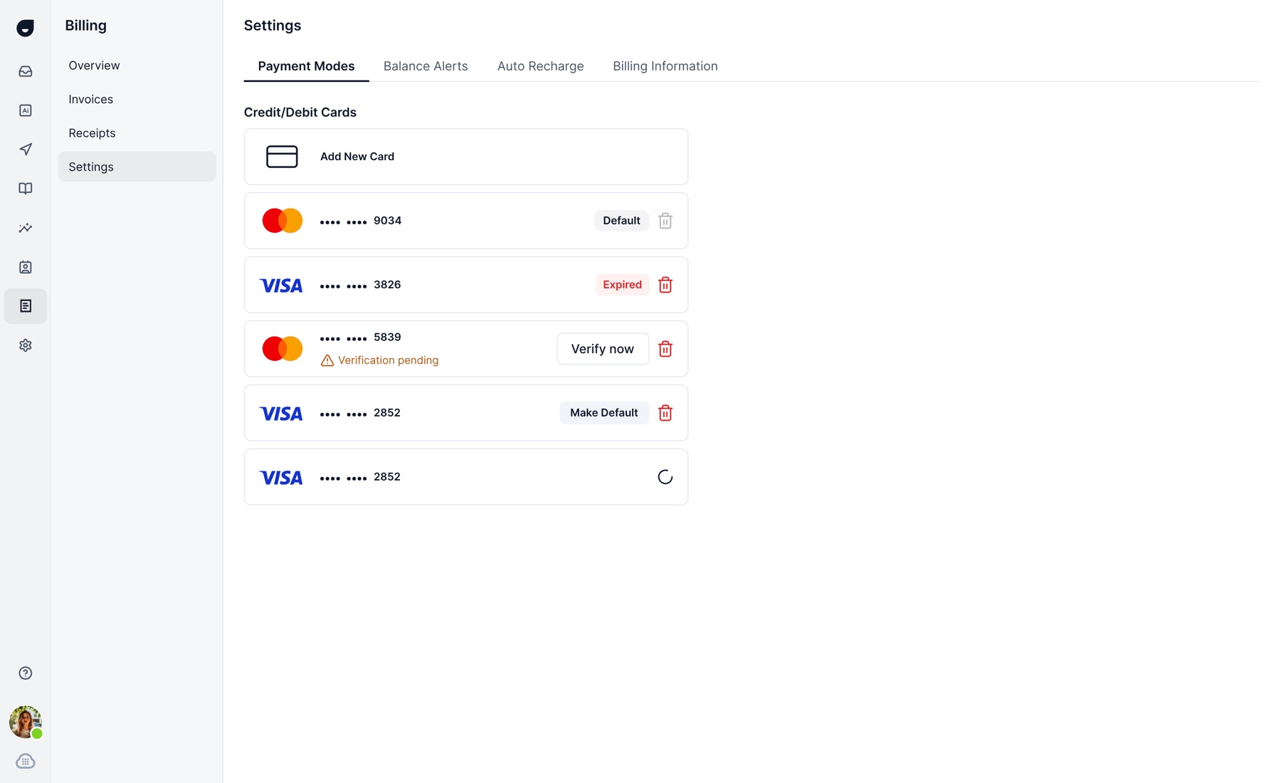 Payment modes: saved cards with default, expired and verification-pending states