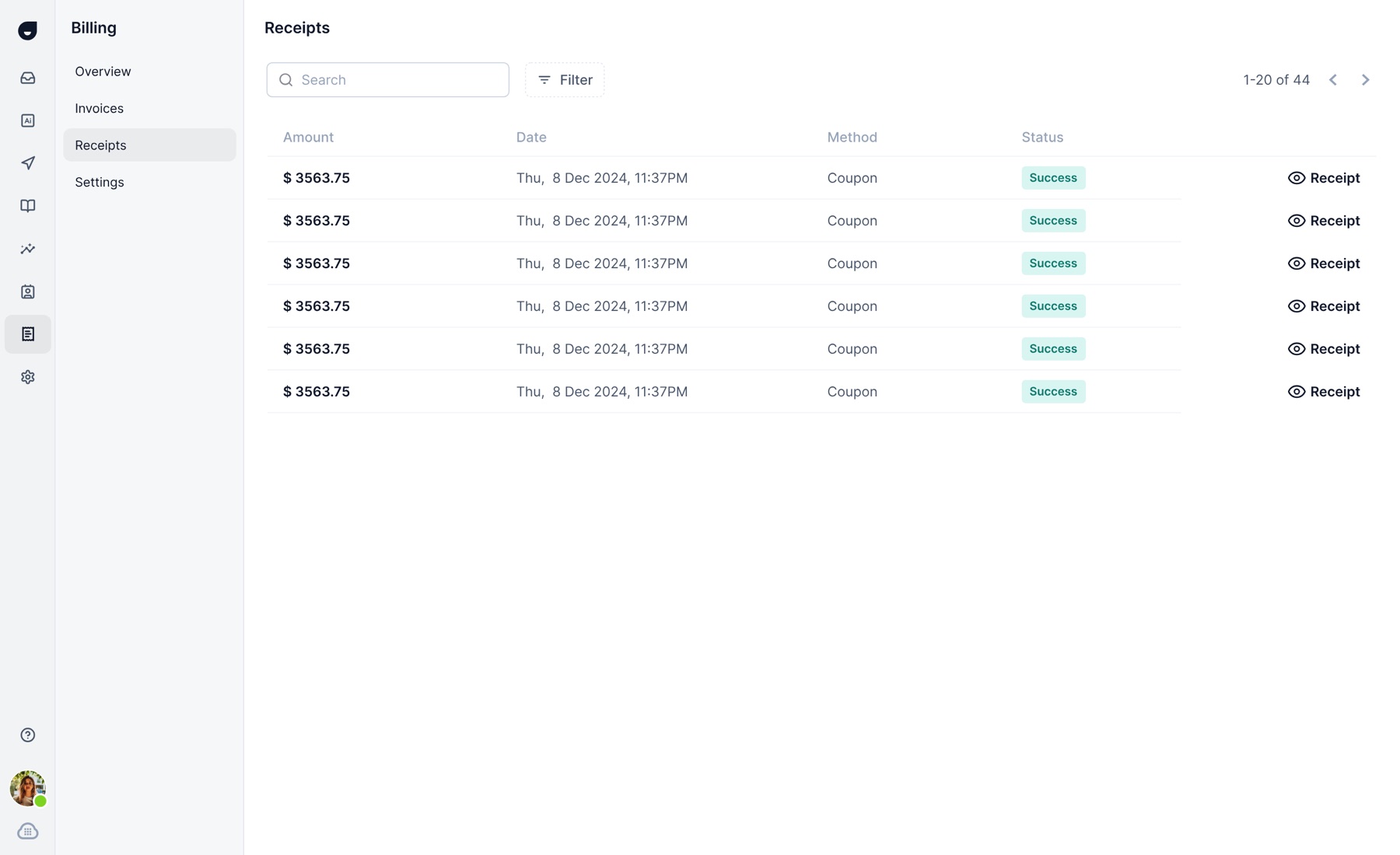 Receipts screen