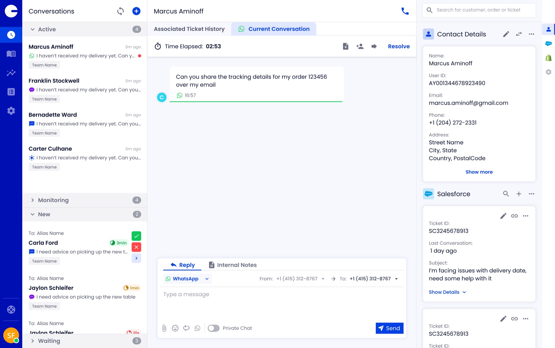 Agent workspace: conversation list, a WhatsApp thread with reply composer, and contact and Salesforce details