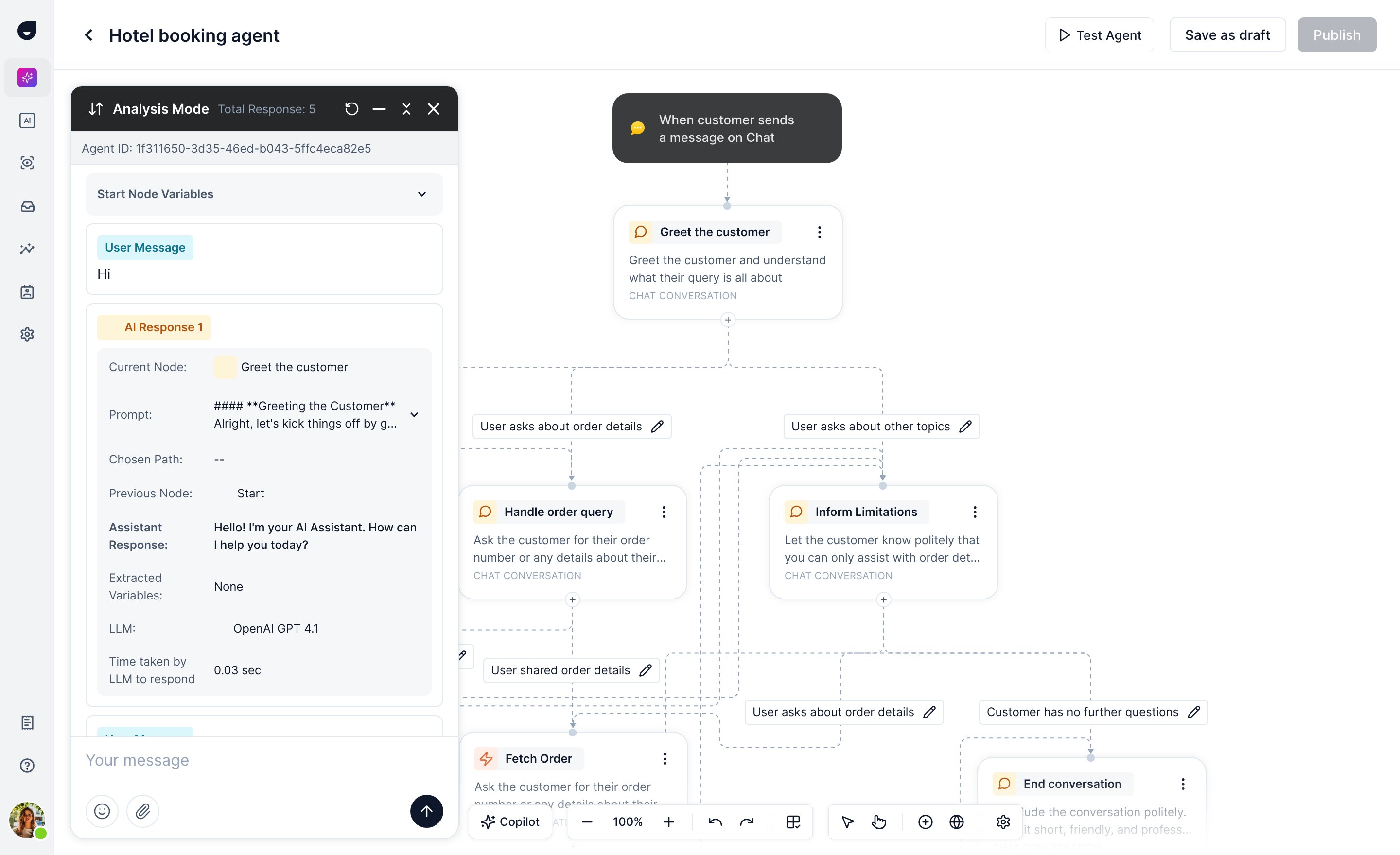 The same flow with Analysis mode open: current node, prompt, chosen path, extracted variables, model and response time for the first AI reply