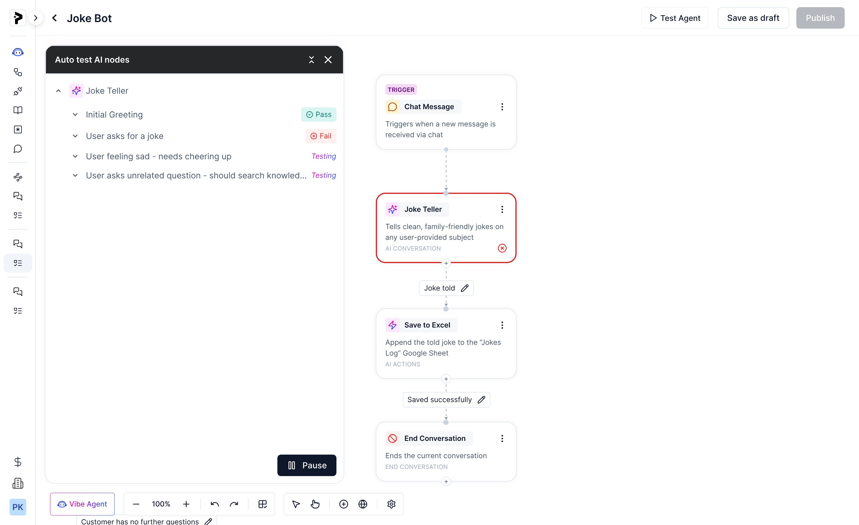Auto test panel running four generated test cases on the Joke Teller node; one passed, one failed, and the node is outlined red on the canvas