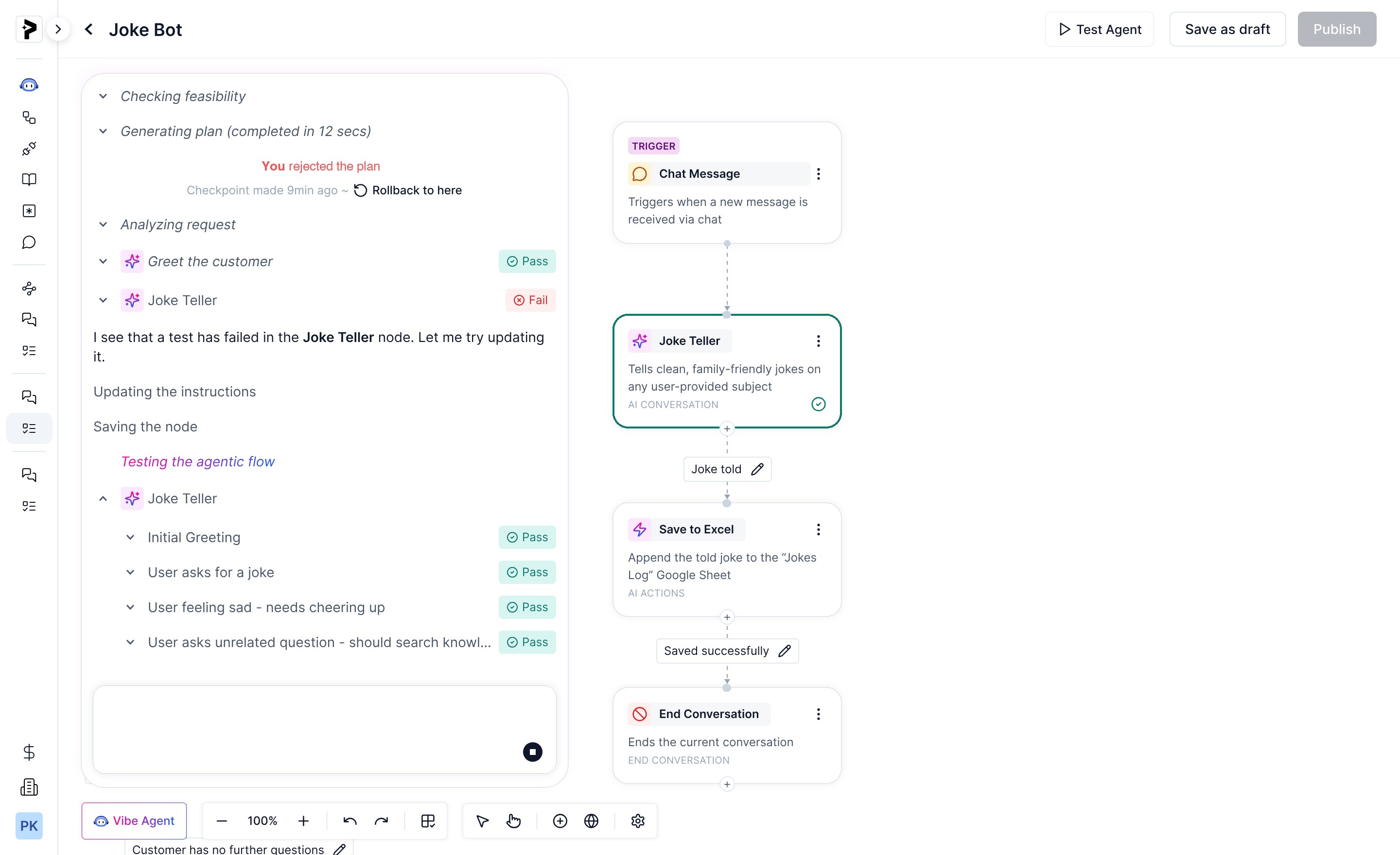 Vibe Agent log: a test failed on the Joke Teller node, the agent updates its instructions and saves it, and the re-run passes all four cases