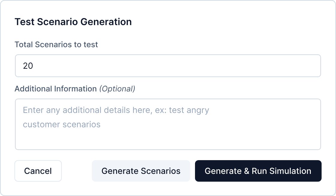 Test Scenario Generation dialog: 20 scenarios, an optional note such as test angry customer scenarios, and Generate Scenarios or Generate and Run Simulation