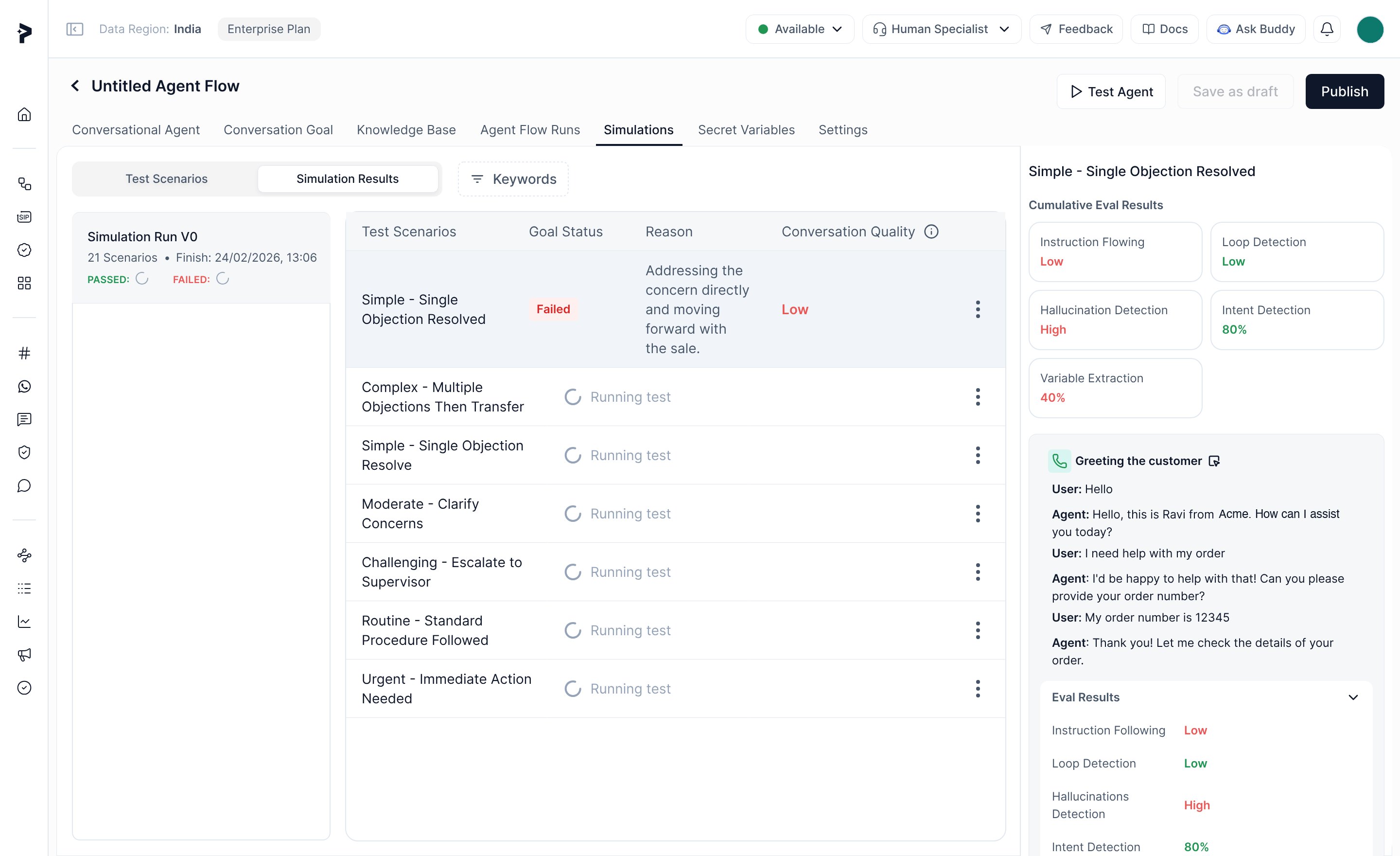 Simulation results with tests still running; the finished scenario shows its goal status, reason, conversation quality and eval scores such as instruction following, loop detection and hallucination