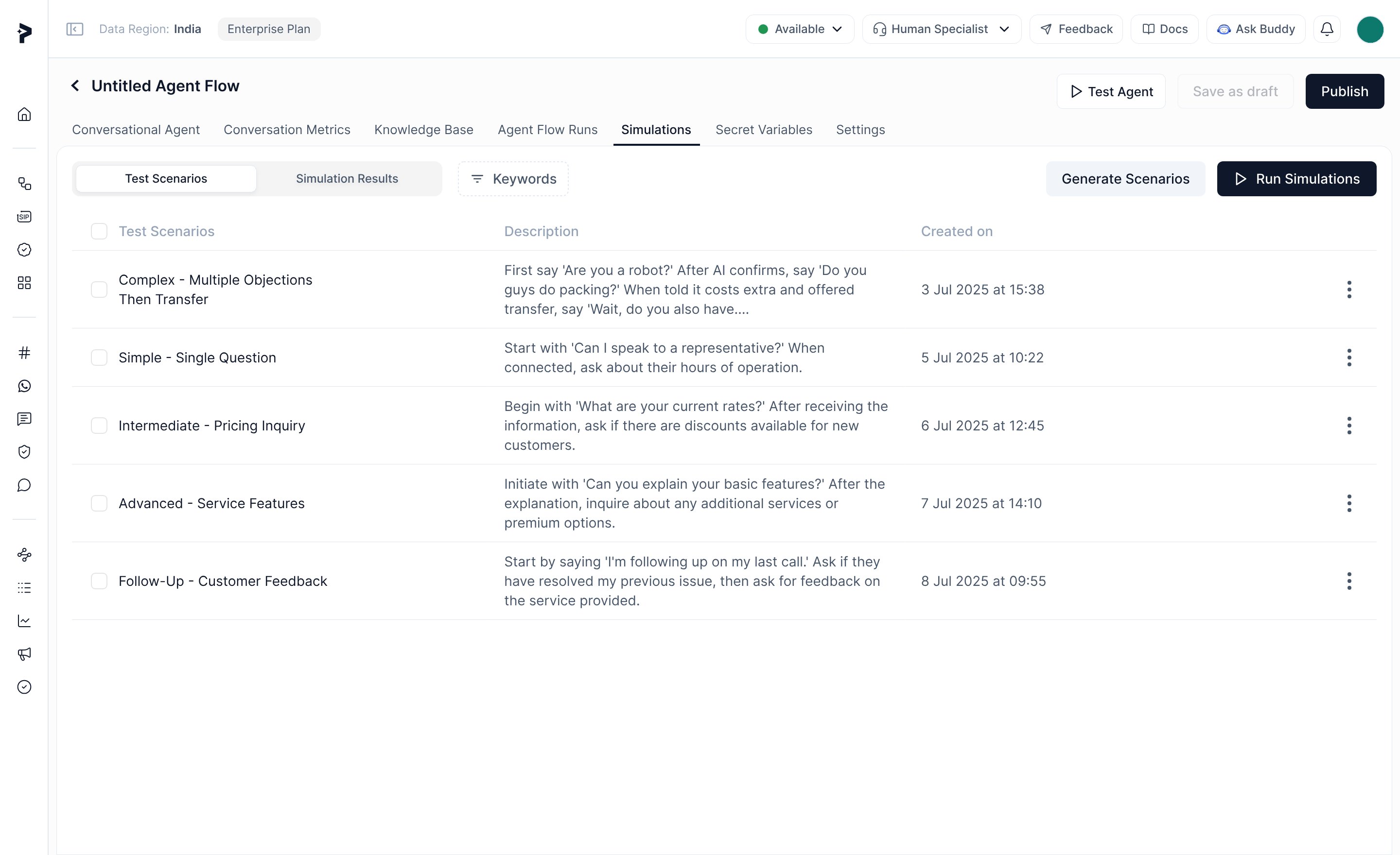 Simulations tab listing generated test scenarios, each with a script for how the simulated caller should behave