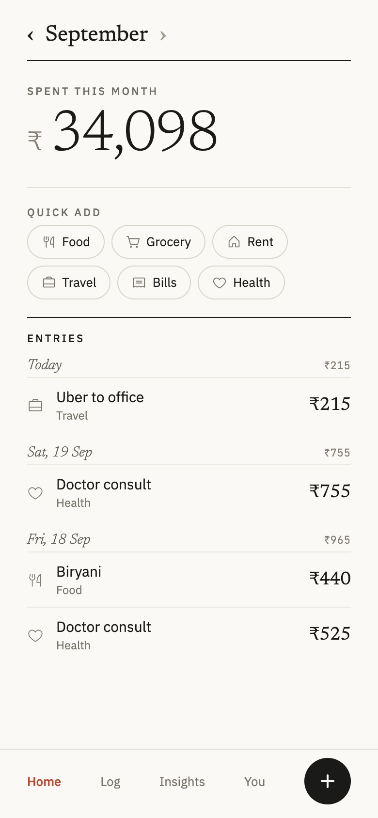 Spent home screen showing this month’s total