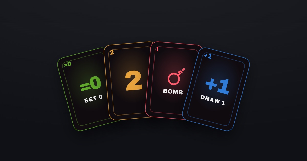 Four Stayin’ Alive cards fanned out: set 0, a 2, a bomb and draw 1