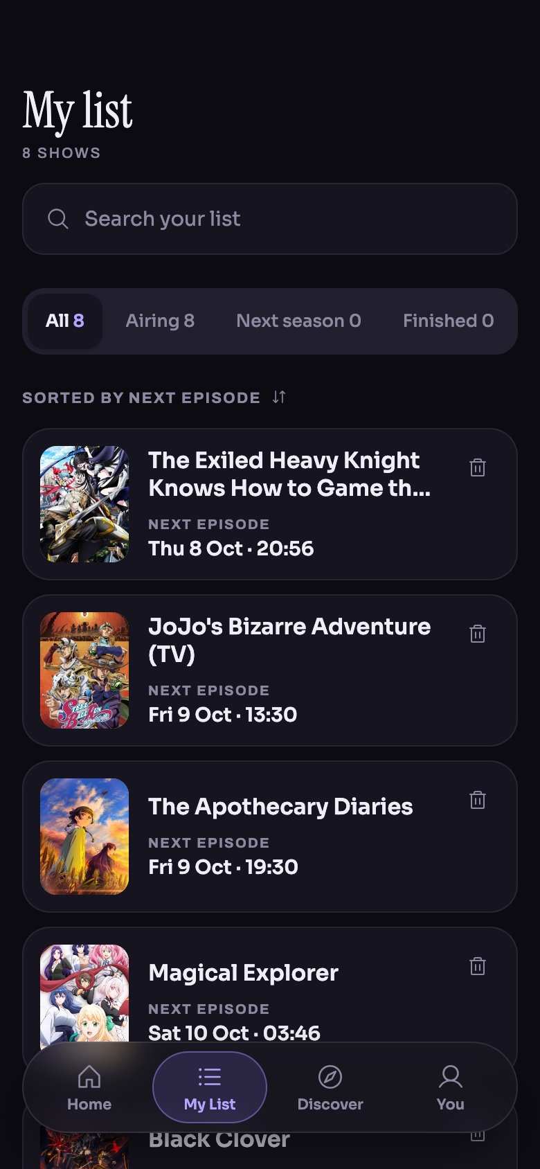 Tsugi My List: followed shows sorted by next episode