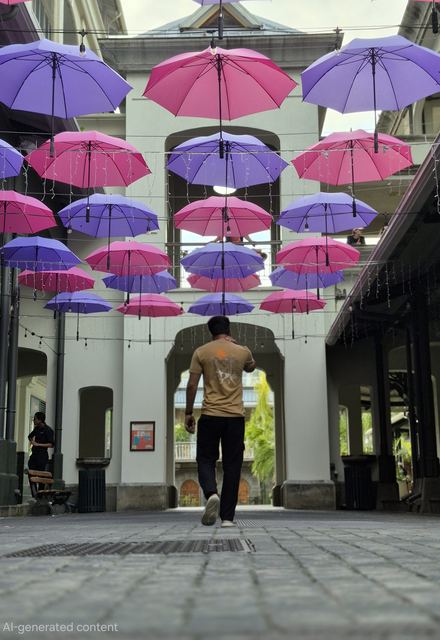 Pink and purple umbrellas hanging above an arcade