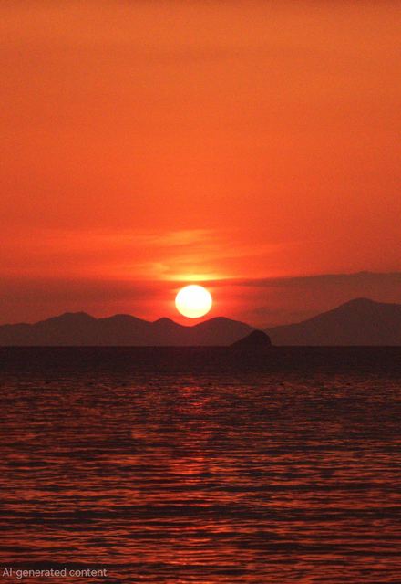 A red sun setting behind distant hills over the water