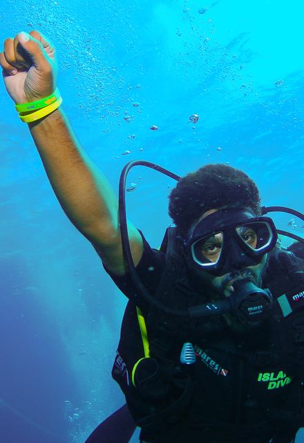 Scuba diving in clear blue water